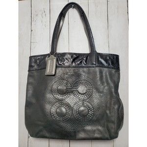 Coach Audry Pewter Perforated Black Pantent Leather Shoulder Tote Bag Nice!